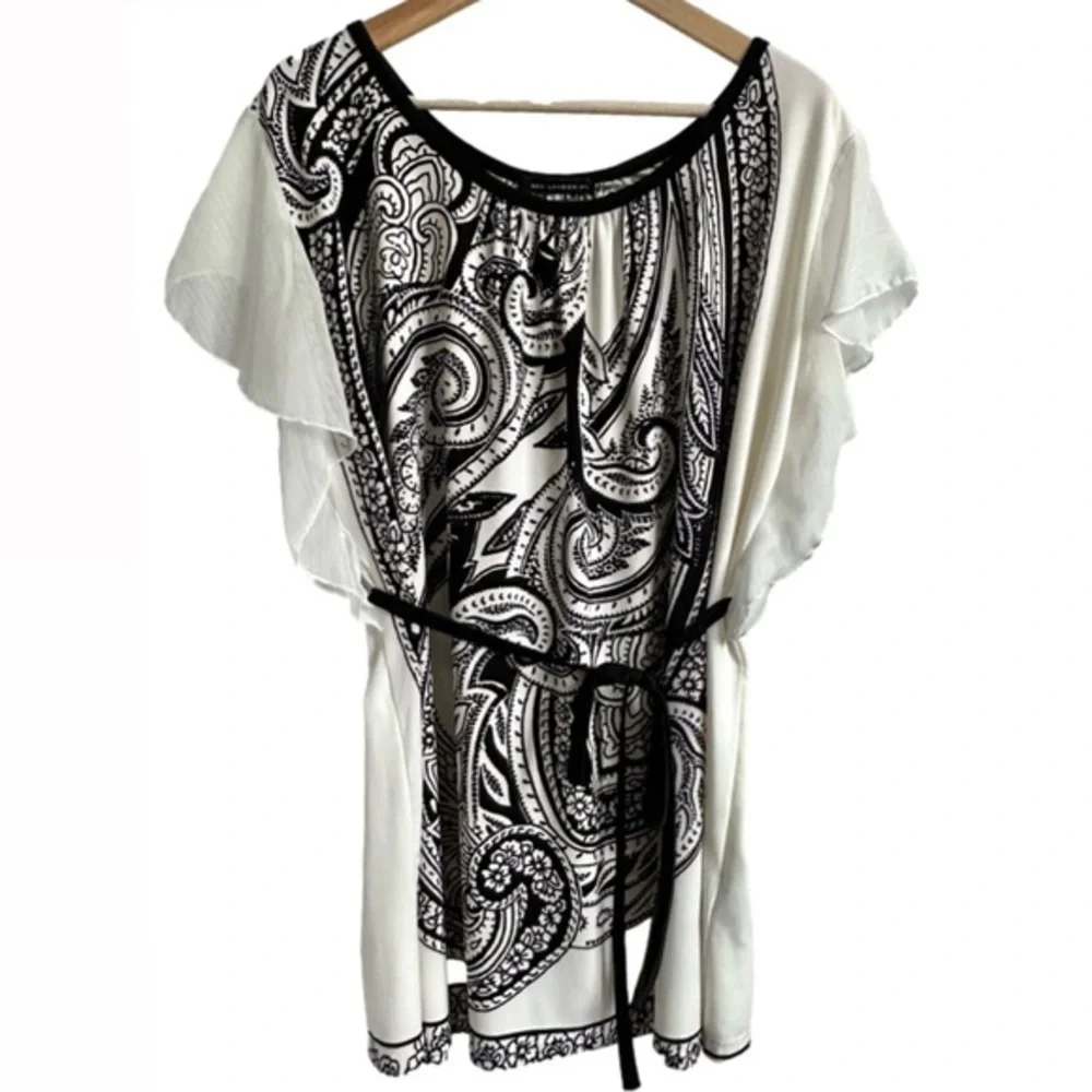 QED London Boho Tunic Top Dress White Black Paisley Flutter‎ Ruffle Sleeves - L - Picture 13 of 14